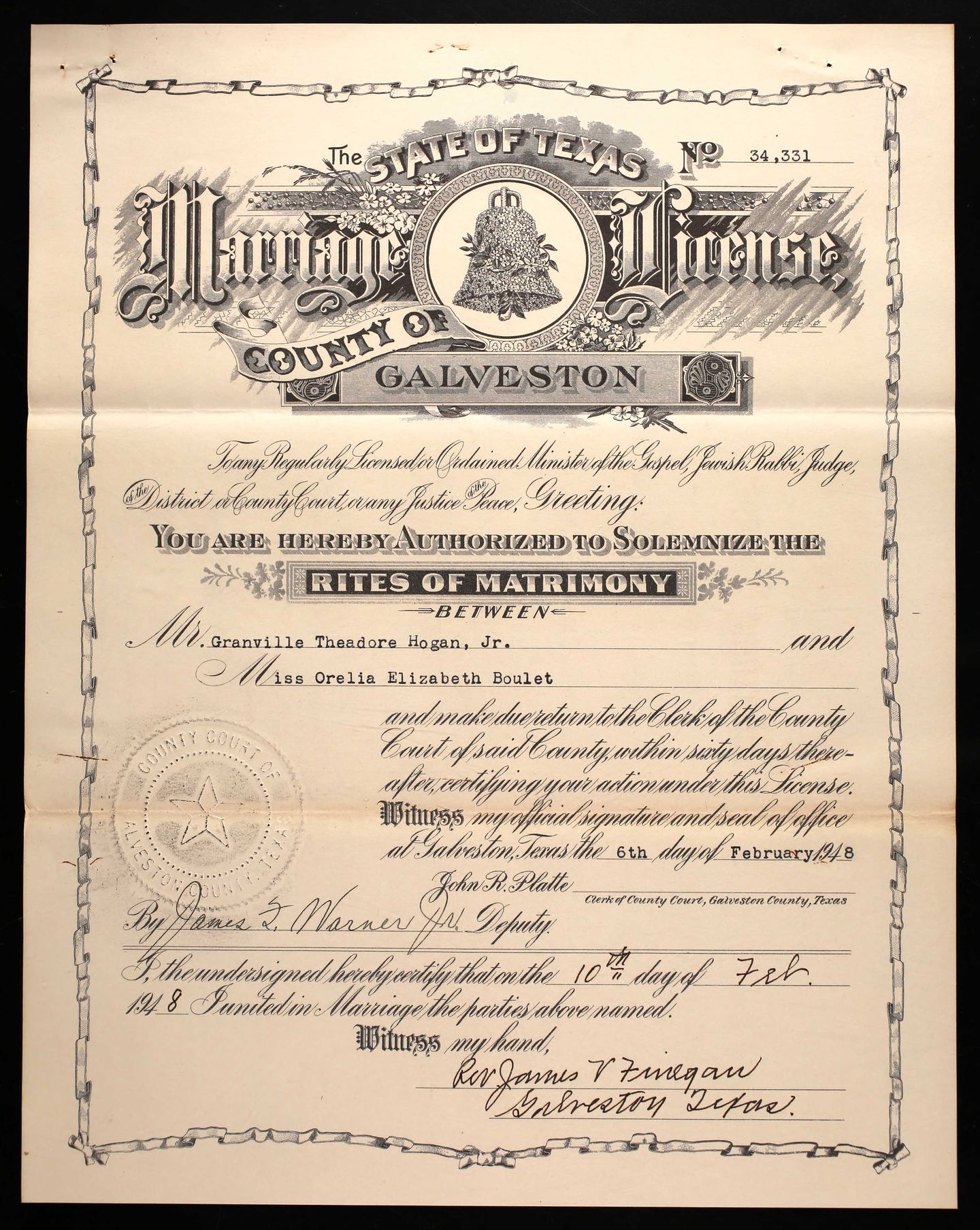 G. T. Hogan marriage license