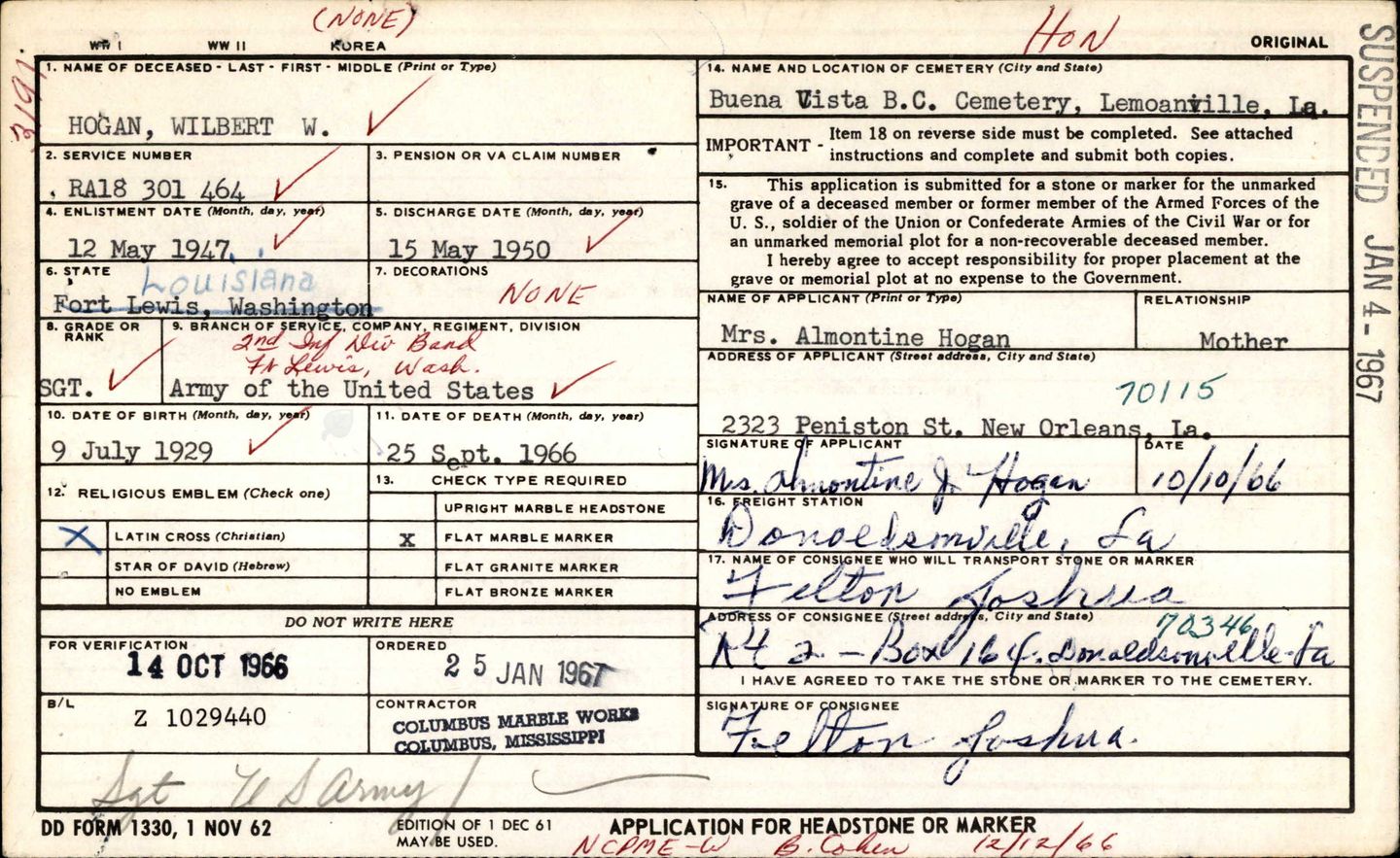 Wilbert Hogan headstone application